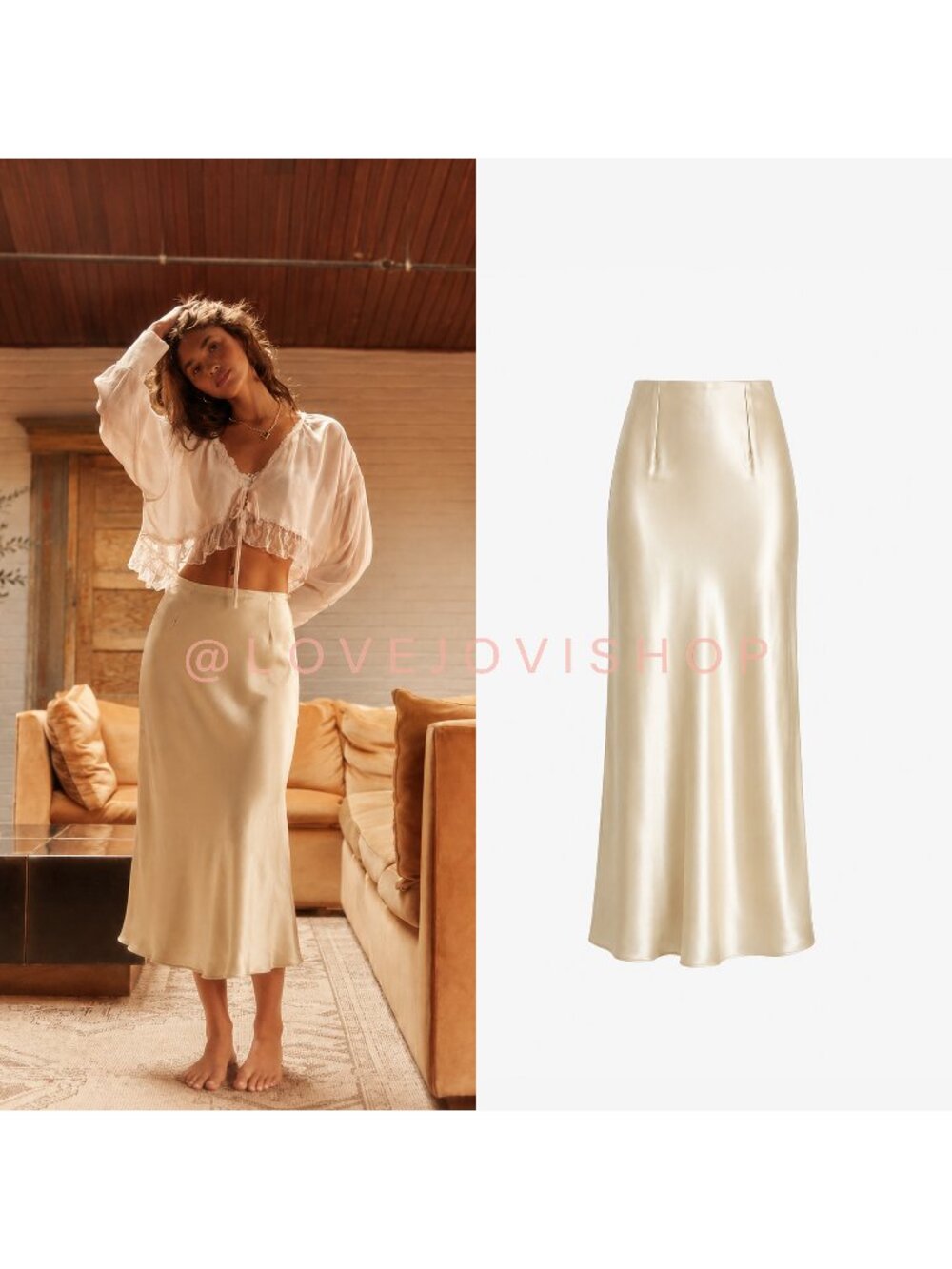 Feminine | Rachel Zoe Satin Midi Skirt Cream Off White Champagne | Side Zip | L